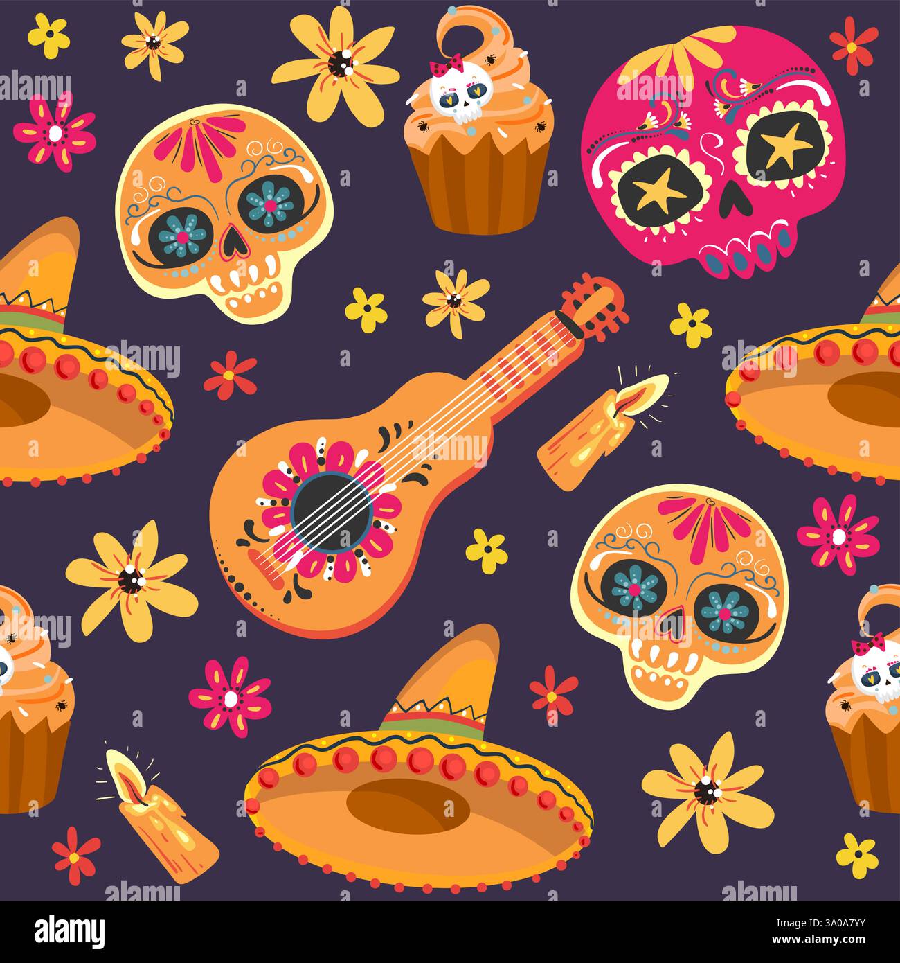 Tag der Toten nahtloses Vektormuster mit Zuckerschädeln und Blumen. Dia de los Muertos Tramslate - Tag der Toten Muster Hintergrund. Stock Vektor
