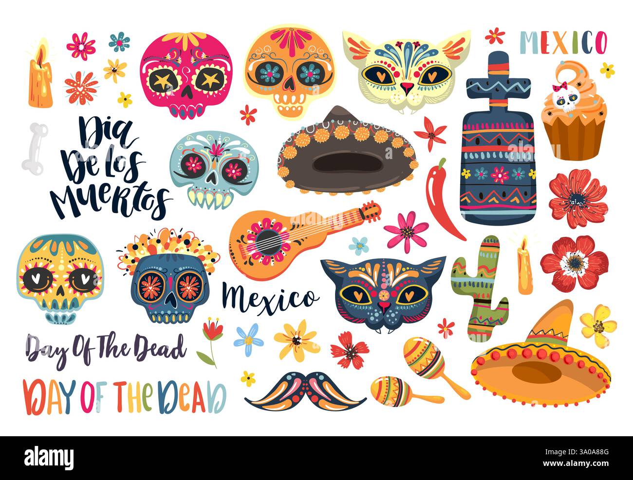 Set von Elementen für Day of the Dead. Dia de los Muertos Tramslate - Tag der Toten Stock Vektor