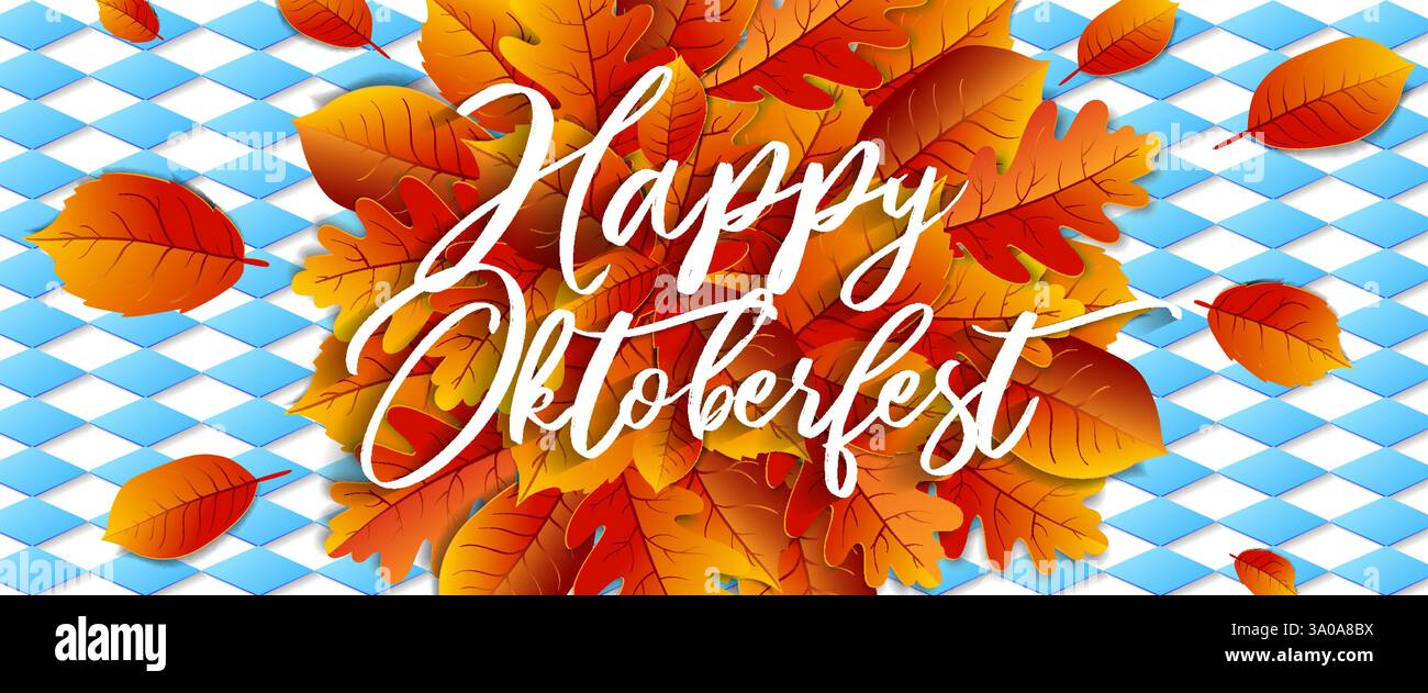 Oktoberfest-Bannerdesign. Oktoberfest blauer Hintergrund mit Blättern. Stock Vektor