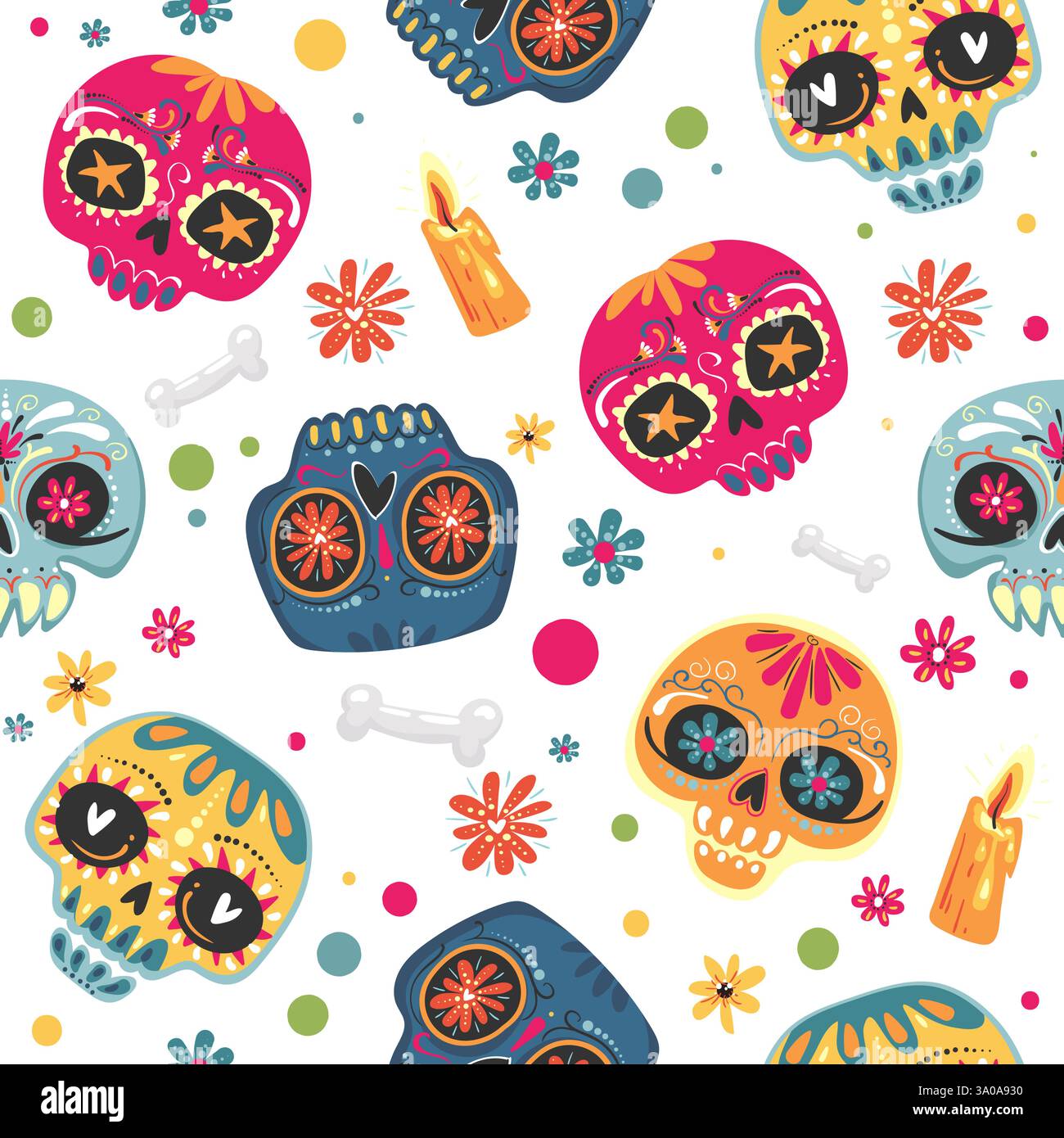 Mexikanischer Feiertag Tag der Toten , Dia de los Muertos . Nahtloses Muster mit Zuckerschädeln und Blumen. Vektorabbildungen Stock Vektor