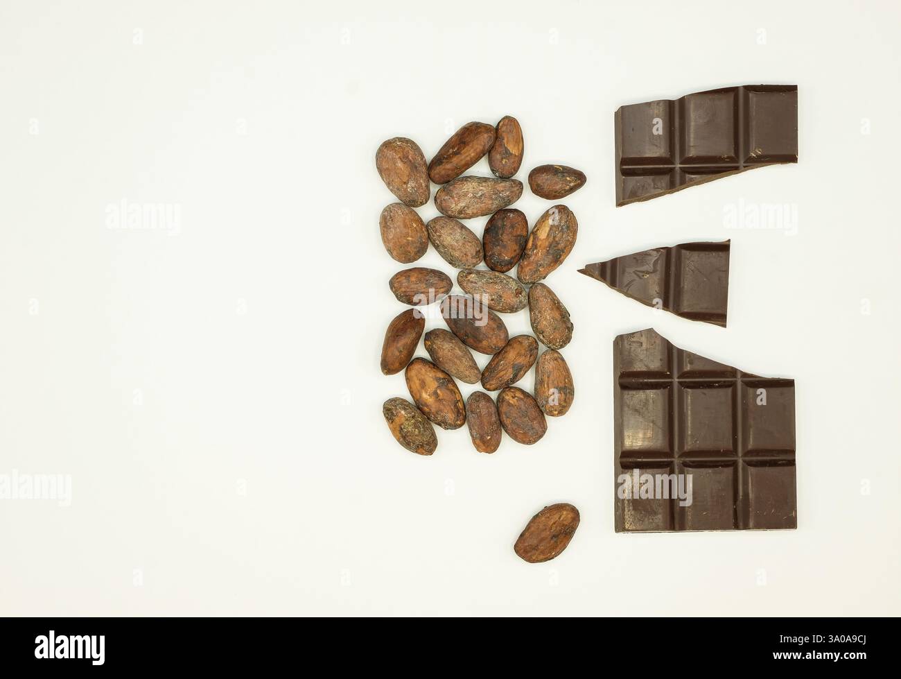 Kaputte Schokoladenriegel. Kakaobohnen von hoher Qualität. Terroir-Schokolade, Bohnen-zu-Bar-Konzept. Stockfoto