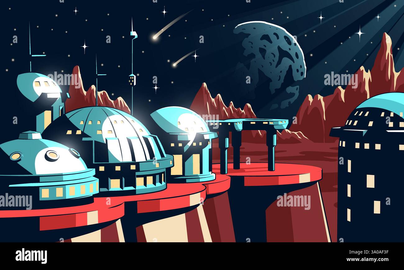 Futuristische Marskolonie mit fortschrittlicher Architektur unter Sternenhimmel bei Nacht Stock Vektor