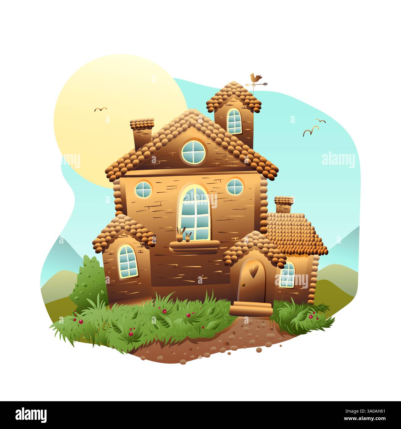 Märchenhaus-Illustration mit Vögeln, Vektor Stock Vektor