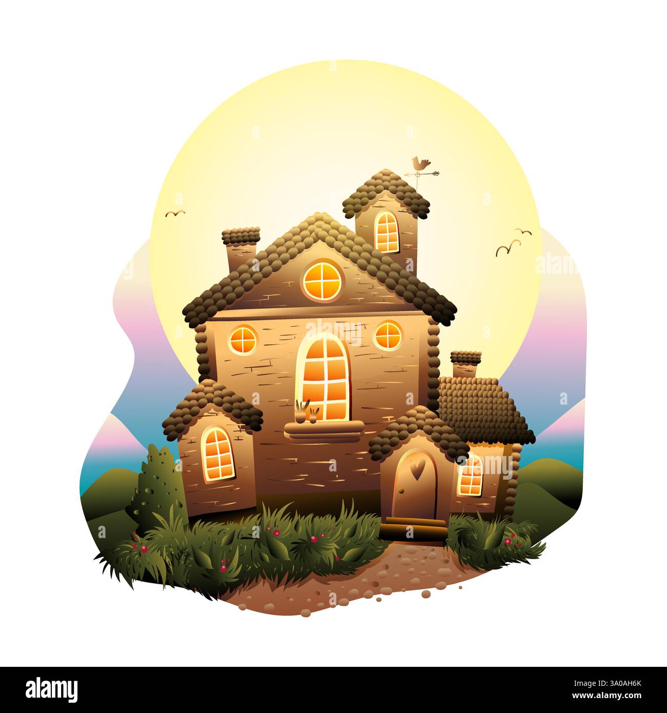 Märchenhaus-Illustration mit Vögeln, Vektor Stock Vektor