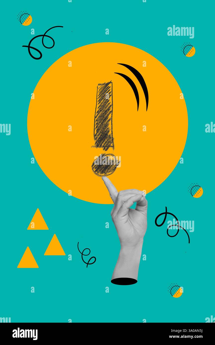 Collage einer Hand, die auf ein Ausrufezeichen auf einem gelben Kreis auf einem türkisfarbenen Hintergrund mit geometrischen Formen zeigt Stockfoto