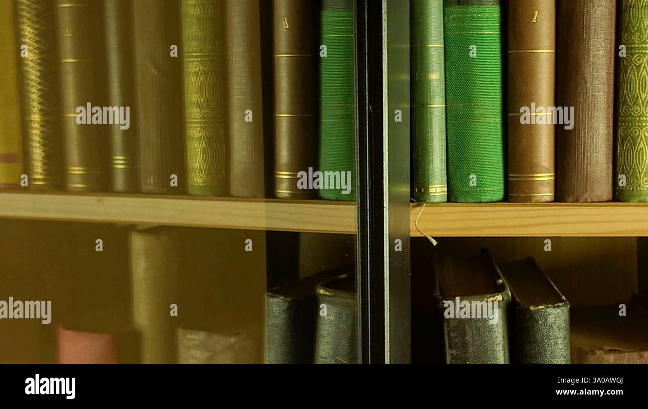 Ein Blick auf eine Reihe alter Bücher. Eine Sammlung antiker Bücher in einem Bücherregal. Das Konzept der Bildung, des Studiums und der Vintage-Bücher Stockfoto