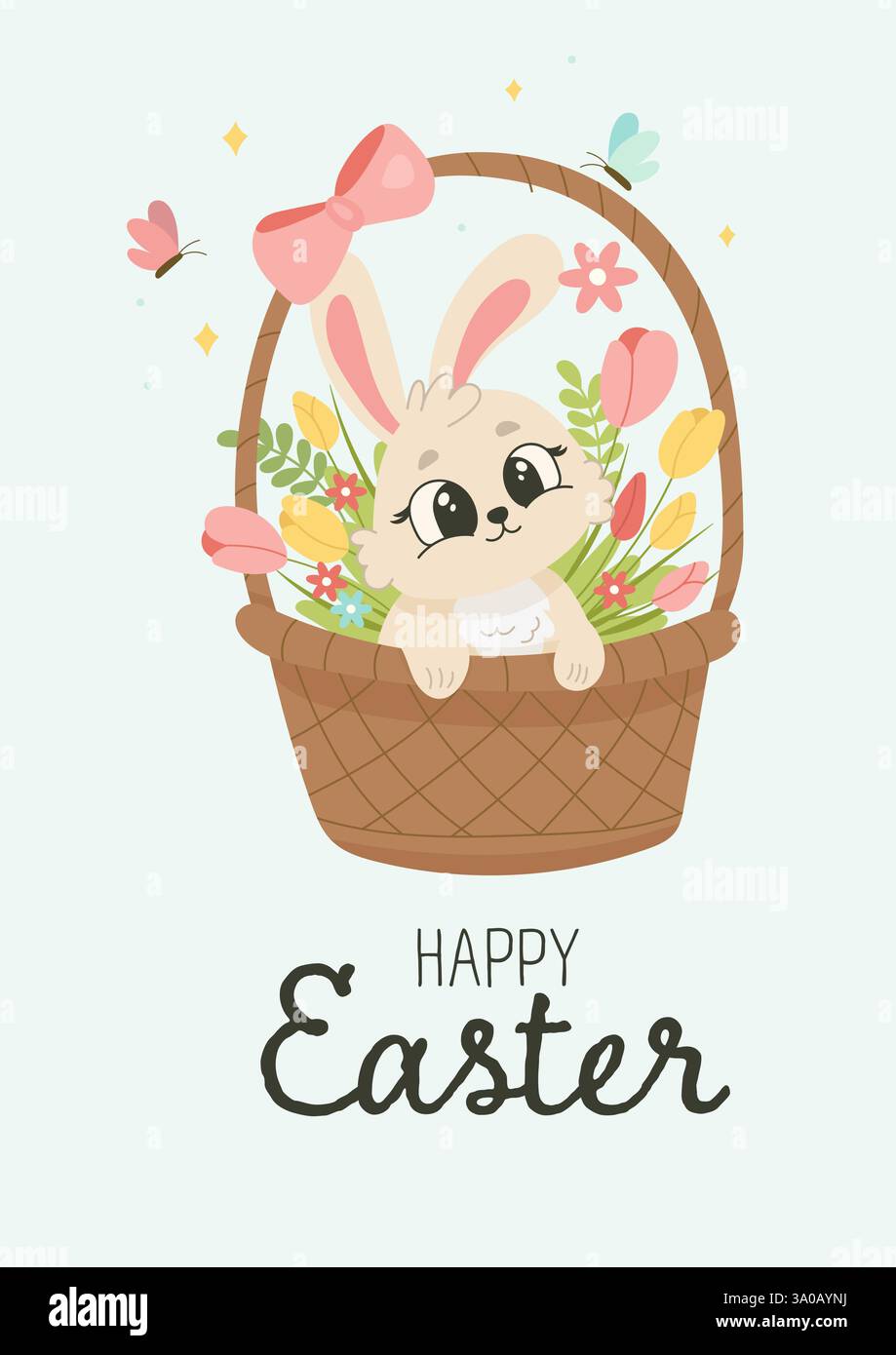 Entzückender Osterhase in einem Korb mit Blumen. Spring Clipart für Karten, Poster, Scrapbooking und Heimwerkerprojekte Stock Vektor