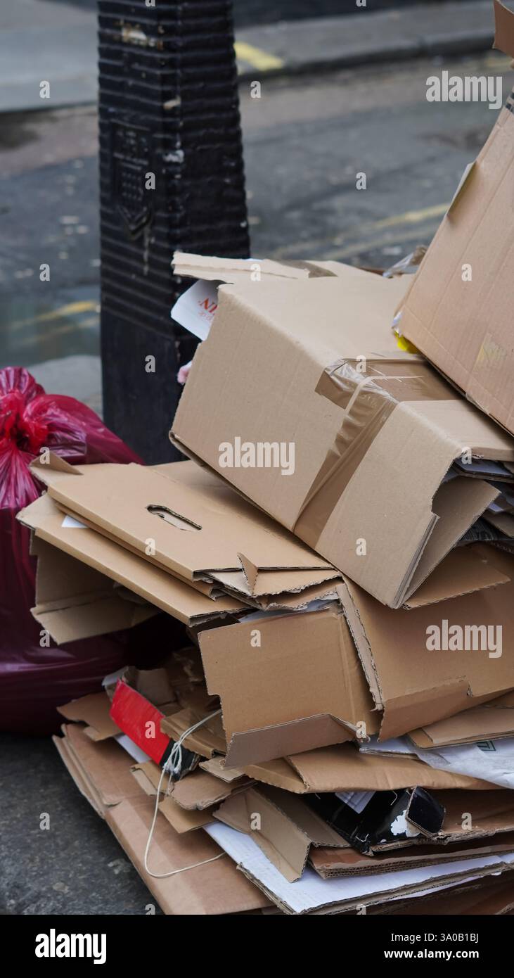 Ordentlich organisierter Karton im Freien, der auf das Recycling für Wiederverwendungszwecke wartet. Stockfoto
