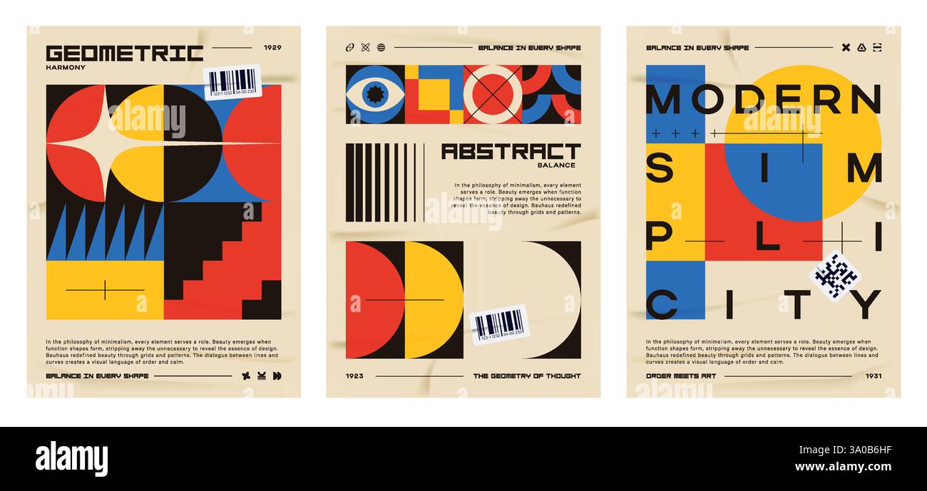 Drei vom bauhaus inspirierte Plakatvorlagen aus der Mitte des Jahrhunderts. Abstrakte geometrische Formen auf einem Raster mit fettgedruckter Typografie. Vintage-Look. Vektor-EPS10. Stock Vektor