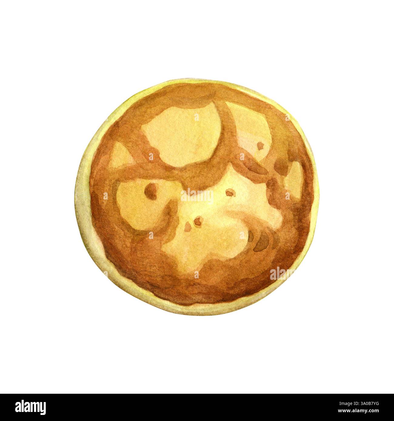 Syrnik. Aquarellillustration des Käsekuchen-Frühstücks auf weißem Hintergrund. Gut für Postkarten, Rezepte, Menüs, Einladungen, Grußkarten. Stockfoto