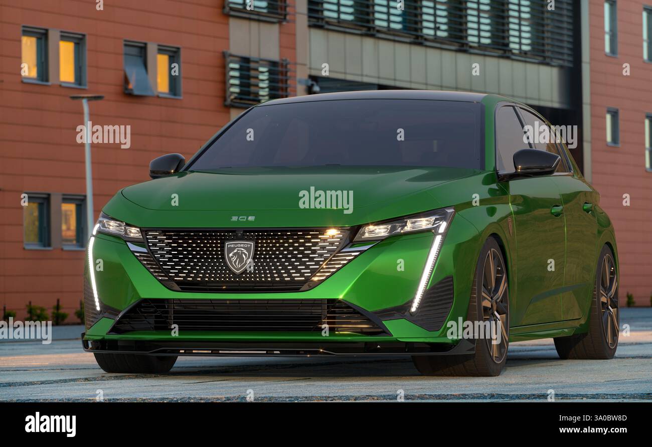 Peugeot 308 – eine Ikone des Kompaktwagensegments. Auffälliges Design, umfangreiche Ausstattung und sparsame Motoren. Stockfoto