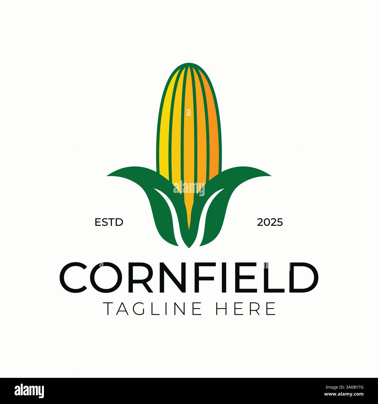 Modernes und minimalistisches Maisfeld-Logo mit grünen Blättern und gelben Maiskolben Stock Vektor