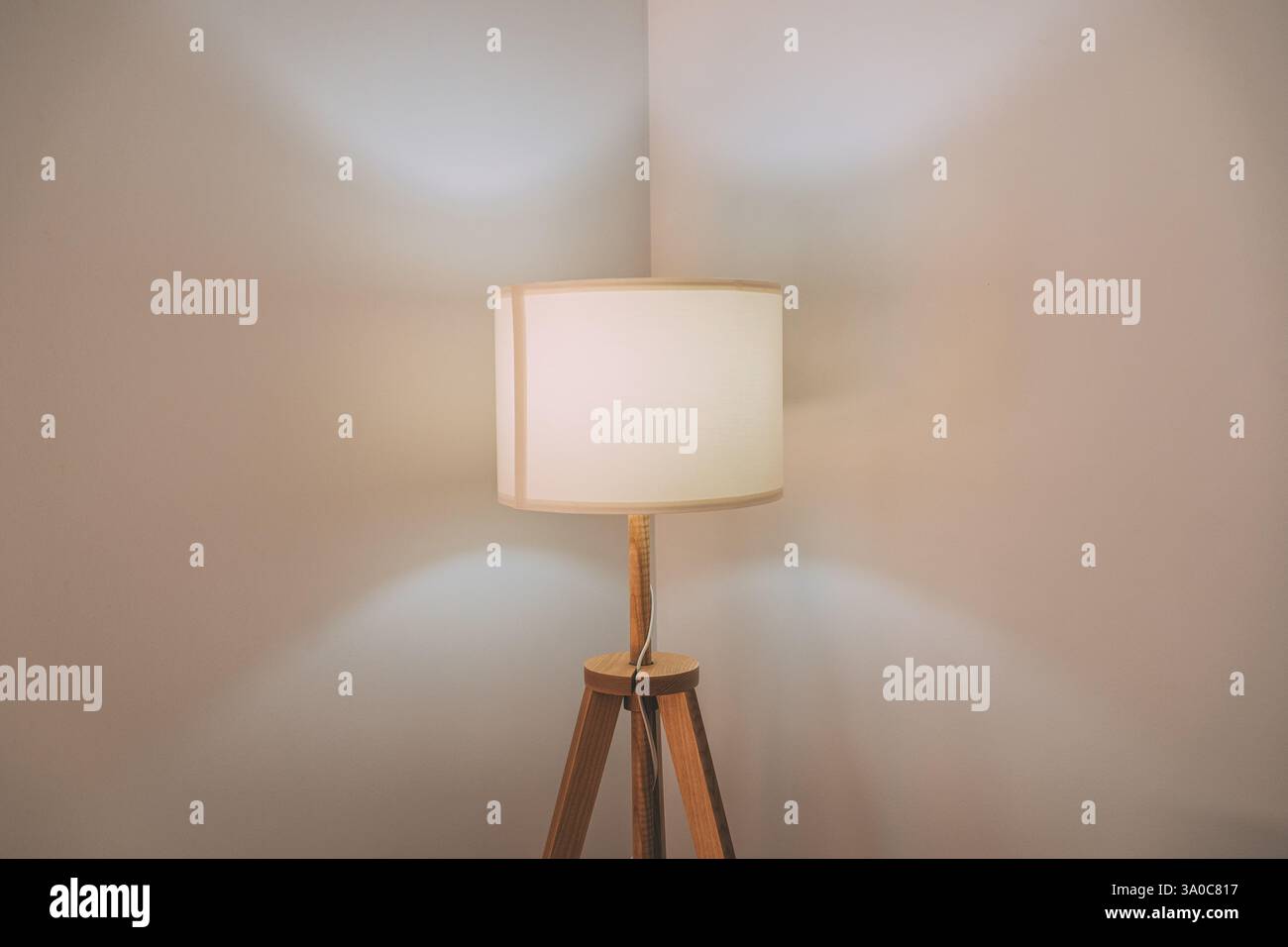 Stehlampe mit Schirm, die weiches Licht im dunklen Raum erzeugt, selektiver Fokus Stockfoto