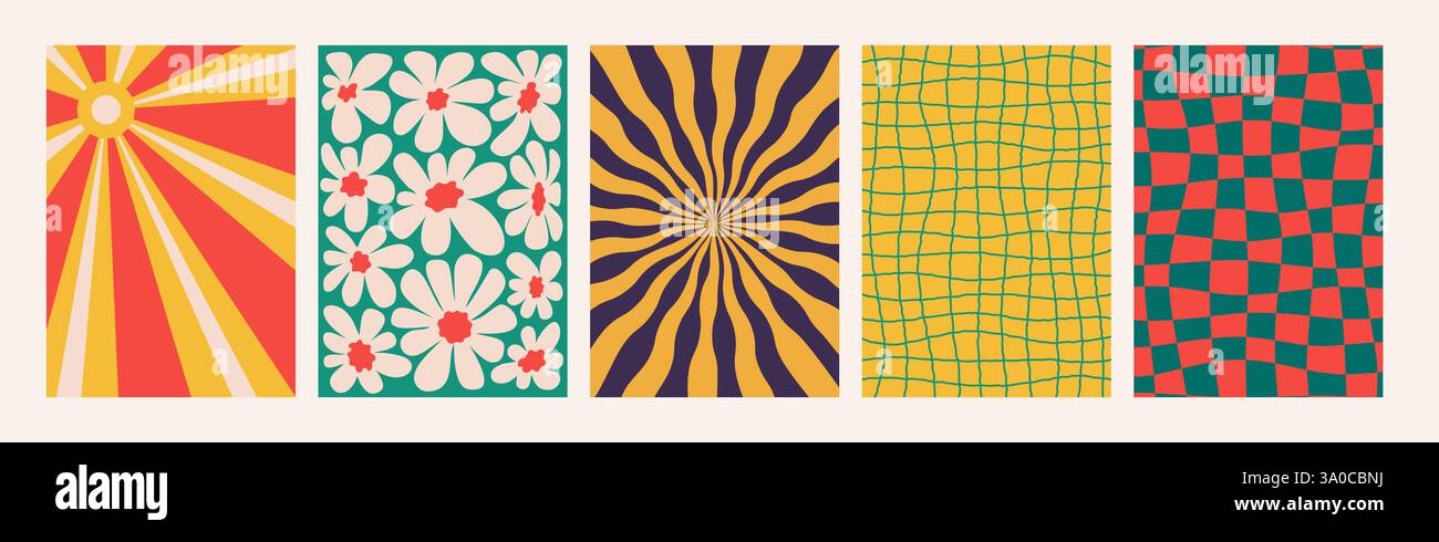 Abstrakte Groovy-Hintergründe. Set aus psychedelischen Retro-Mustern in Retro-Farben. Trendige verdrehte und karierte funky Vektortextur in abstraktem y2k Stock Vektor