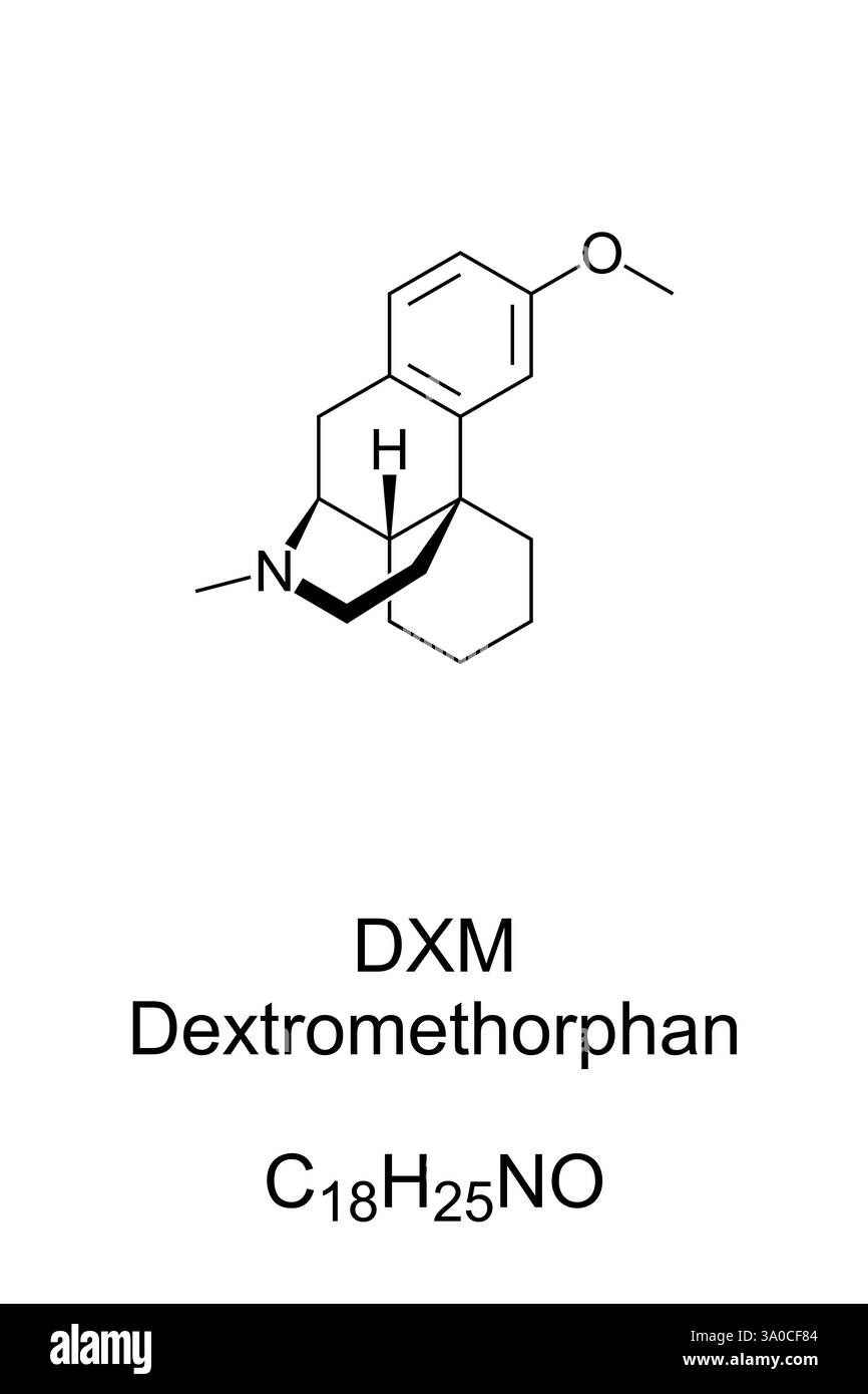 Dextromethorphan, DXM, chemische Formel und Skelettstruktur. Hustensuppressivum, das in vielen Arzneimitteln gegen Husten und Erkältung angewendet wird. Stockfoto