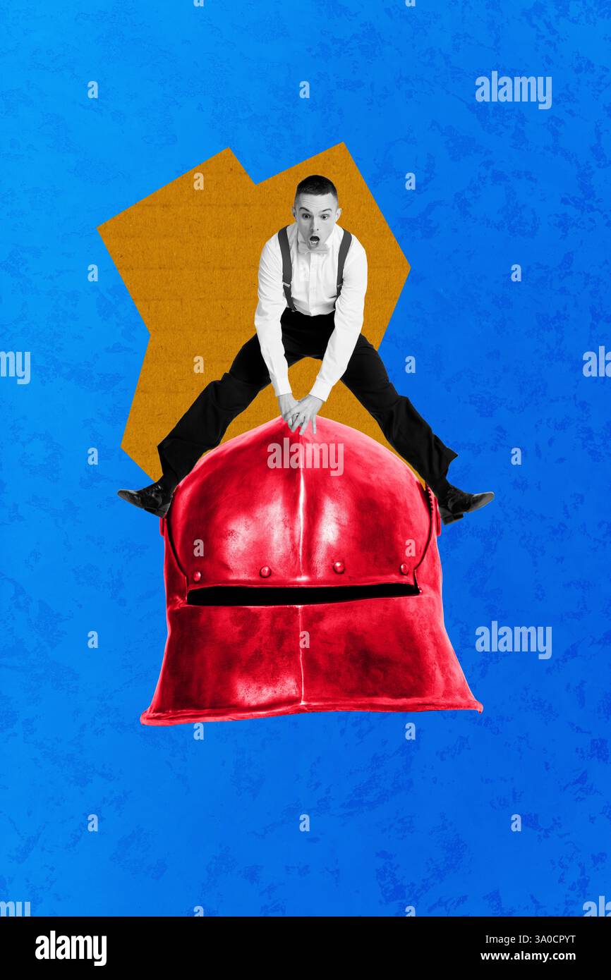 3D-Foto-Collage Vorlage Trend-Artwork Skizze von Krieger Eroberer Soldat Ritter Vintage Helden Geschichte Helm junger Gentleman Jump Anstrengung Stockfoto