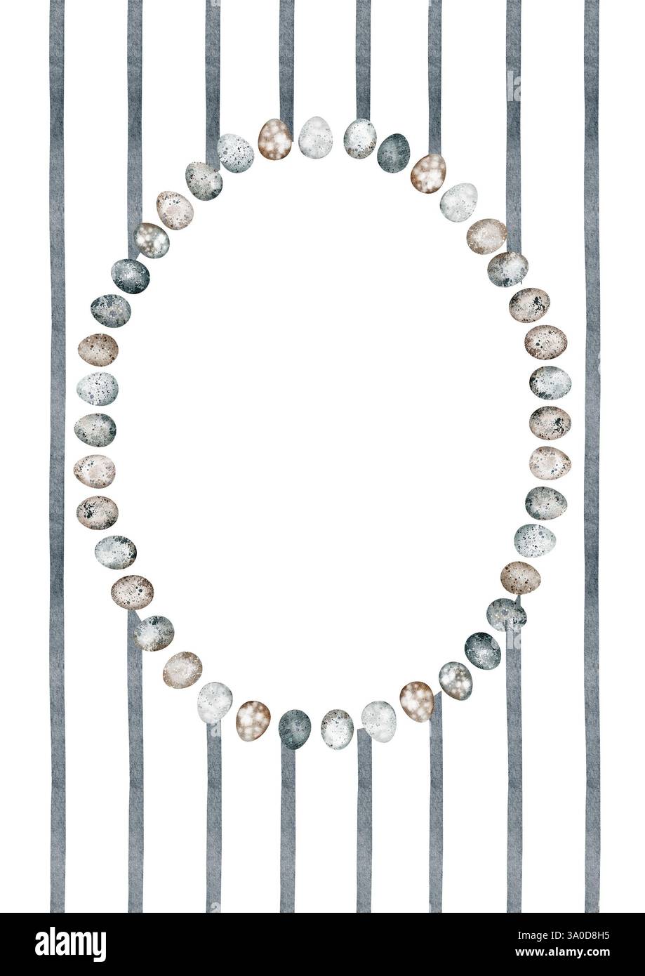 Gestreifter Vintage-Rahmen mit blauen Linien. Aquarellhintergrund mit Ostereiern. Rechteckiger Rahmen für Einladungen, Grußkarten und Fotos. Stockfoto