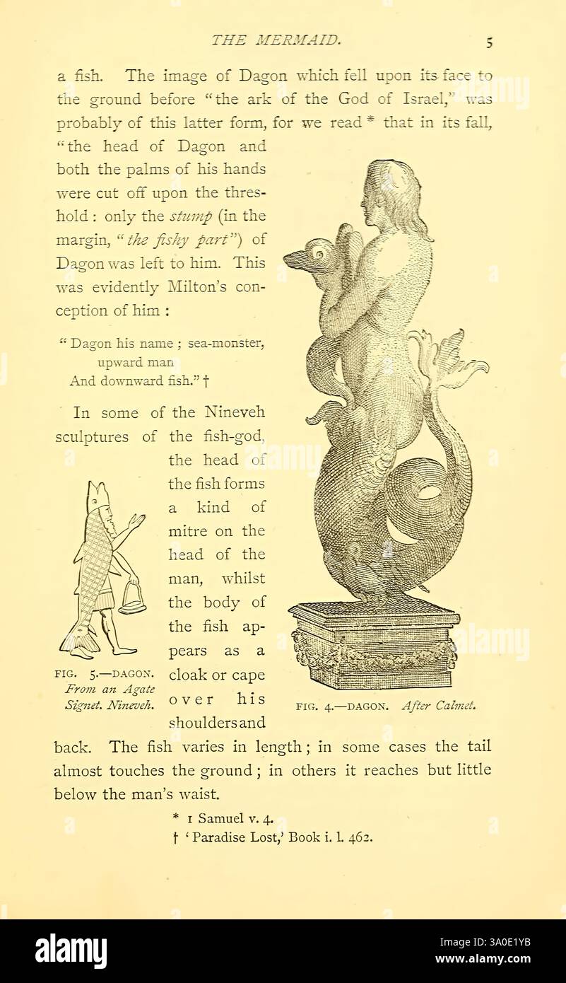 Sea Fables erklärte London W. Clowes and Sons Ltd. 1883 Ozean Halloween Folklore Meerjungfrauenmonster real, die Illustration zeigt eine detaillierte Darstellung einer Meerjungfrau, beispielhaft für Elemente der Mythologie und des Meeres. Links sind eine Figur und ein Fisch dargestellt, die möglicherweise auf die biblische Geschichte von Dagon verweisen, was auf eine Verbindung zwischen dem Fisch und den Themen der Göttlichkeit hindeutet. Die Meerjungfrau, die mit komplizierten Elementen im klassischen Skulpturenstil verziert ist, blickt nach oben, während sie anmutig auf einer Basis steht, die Wellen ähnelt. Im Begleittext wird das historische Ko behandelt Stockfoto