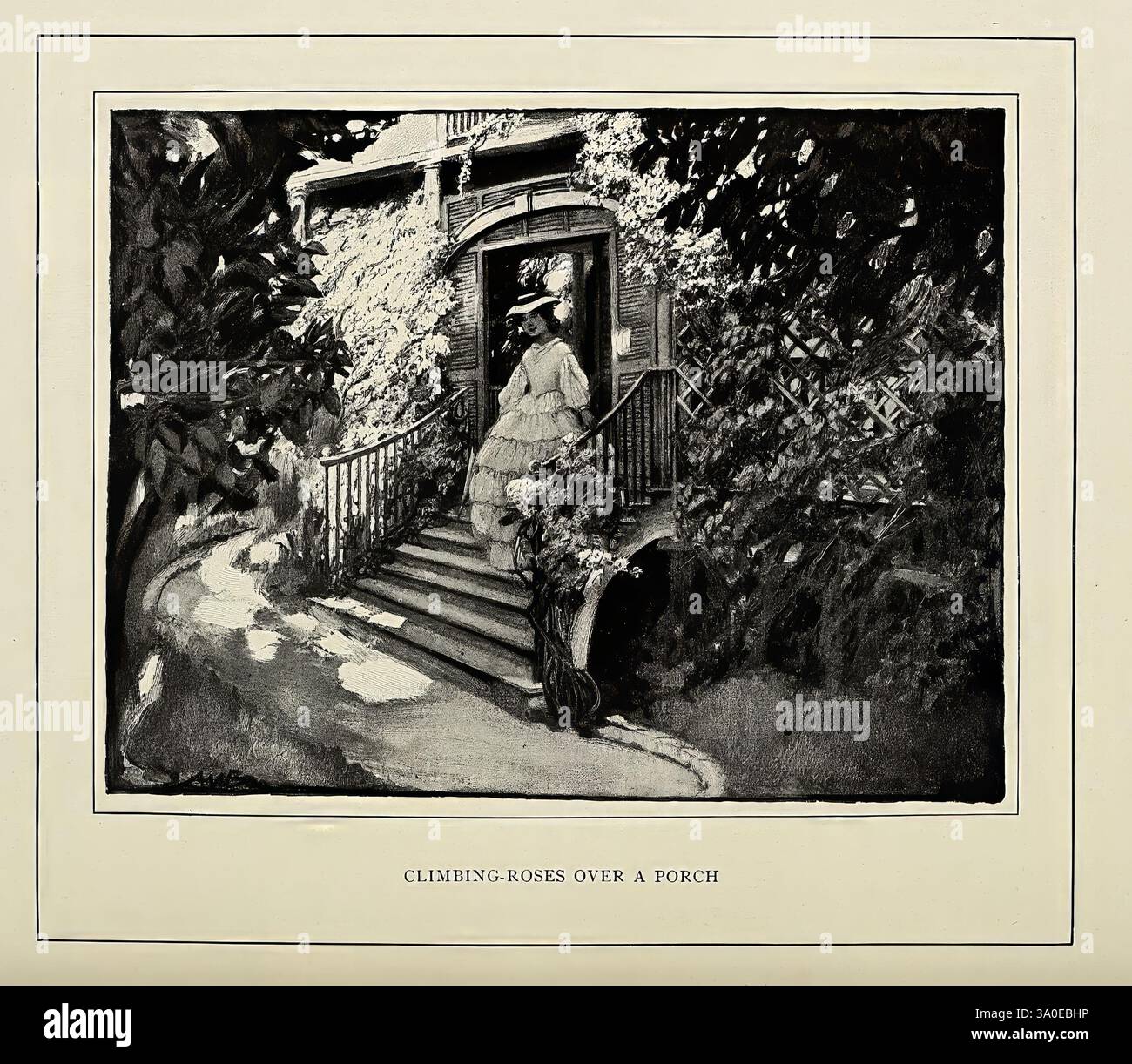 Der Köder des Gartens New York, The Century Co, 1911. Gärten, Rosen, Eine bezaubernde Gartenszene mit einer eleganten Treppe, die zu einem kleinen, aufwendig gestalteten Pavillon führt, der teilweise von üppigem Grün verborgen ist. Der Pavillon mit dekorativen Geländern bietet eine gemütliche Ecke zum Entspannen. Das Sonnenlicht durchzieht das umgebende Laub und wirft Schatten auf die Stufen und Pflanzen und schafft eine ruhige Atmosphäre, die zur Ruhe und Besinnung einlädt. Ein Gefühl der idyllischen Ruhe durchdringt die Umgebung und verstärkt ihre Attraktivität als friedlicher Rückzugsort in der Natur. Stockfoto