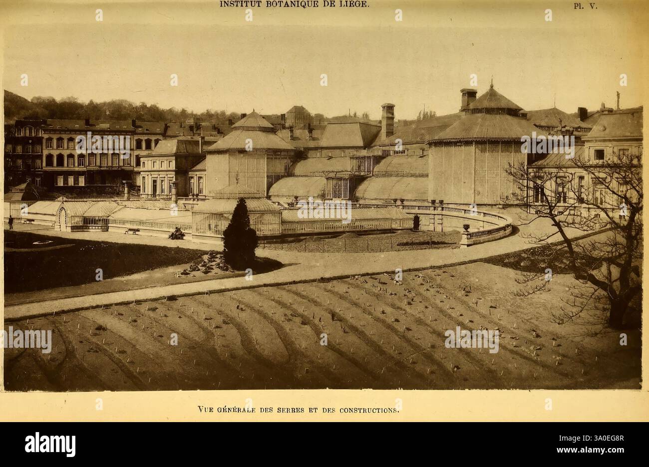 Belgique, Gartenbau, Lüttich, Botanik, Gartenbau, Zeitschriften, Pflanzen, die Szene erfasst eine historische architektonische Stätte mit verschiedenen Gebäuden und Strukturen, durchsetzt mit Landschaftsflächen. Das Layout zeigt einen zentralen elliptischen Teich oder Wasserspiel, umgeben von gepflegten Gärten und Wegen. Um den Teich herum gibt es Bäume und Hecken, die die natürliche Schönheit des Raumes ergänzen. Im Hintergrund deuten eine Reihe von Gebäuden, einige mit markanten Schornsteinchen, eine Mischung aus funktionellem und ästhetischem Design an, die typisch für diese Zeit ist. Architektonische Details, wie Bogenfenster und Di Stockfoto