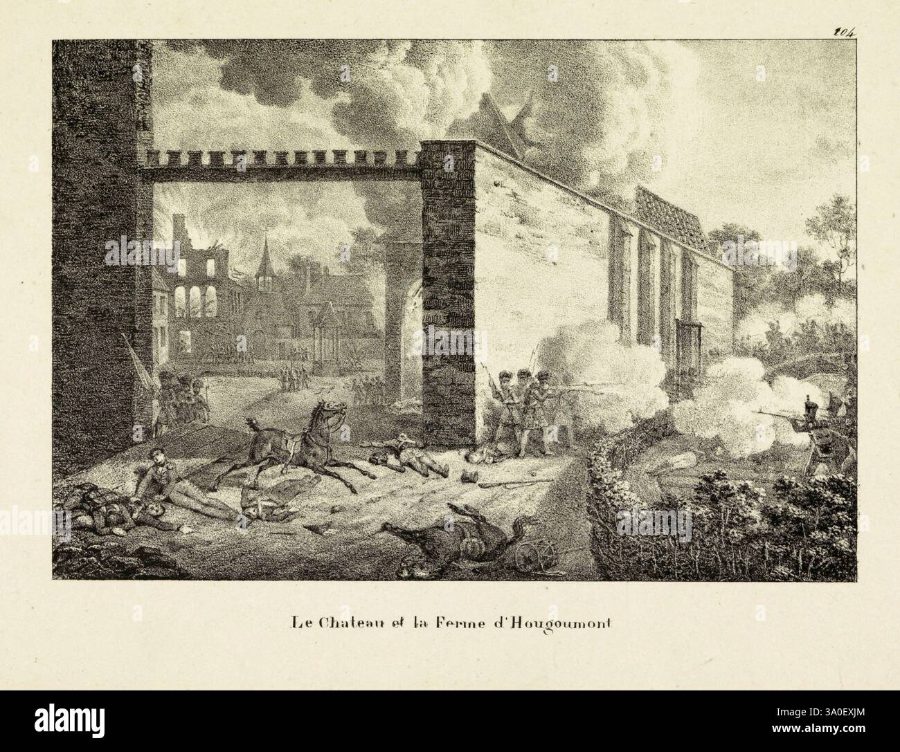 Die Schlacht von Waterloo war die letzte Schlacht der Napoleonischen Kriege. Napoleon kapitulierte kurz darauf und wurde nach St. Helena verbannt. Die Schlacht bestand aus drei Schlachten über drei Tage – bei Quatre Bras und Ligny am 16. Juni und bei Waterloo am 18. Juni. Ein wichtiger Standort war die Farm von Hougoumont, und diese Farm war der scee einiger der heftigsten Kämpfe des Tages. Stockfoto