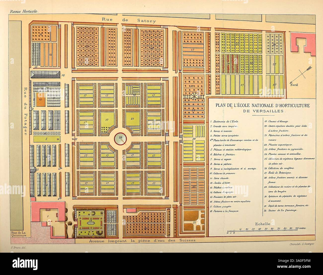 Revue horticole Paris Librairie agricole de la maison rustique 1829-1974 France Gartenbau-Zeitschriften, Ein detaillierter Plan der National School of Horticulture in Versailles, der eine sorgfältig organisierte Grundrissgestaltung verschiedener Gartengrundstücke, Gewächshäuser und landwirtschaftlicher Bereiche zeigt. Die Karte zeigt klar gekennzeichnete Bereiche, die verschiedenen Arten von Gartenbauaktivitäten gewidmet sind, mit spezifischen Zonen, die für Anbau, Forschung und Bildung gekennzeichnet sind. Eine farbcodierte Legende gibt Einblicke in die Pflanzschemata und Vegetationsarten, die für jeden Abschnitt entwickelt wurden. Die umliegenden Straßen sind ich Stockfoto