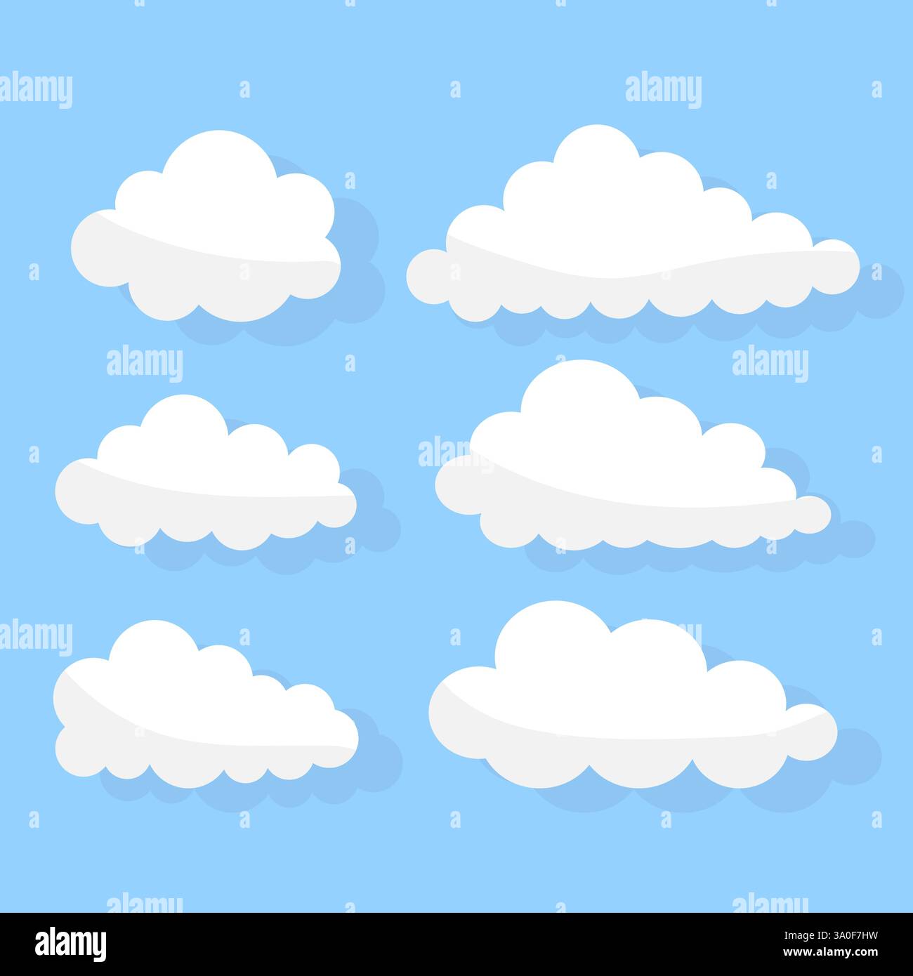 Weiße Wolken gesetzt. Himmelselemente. Cartoon flauschige Formen. Blauer Hintergrundvektor. Stock Vektor