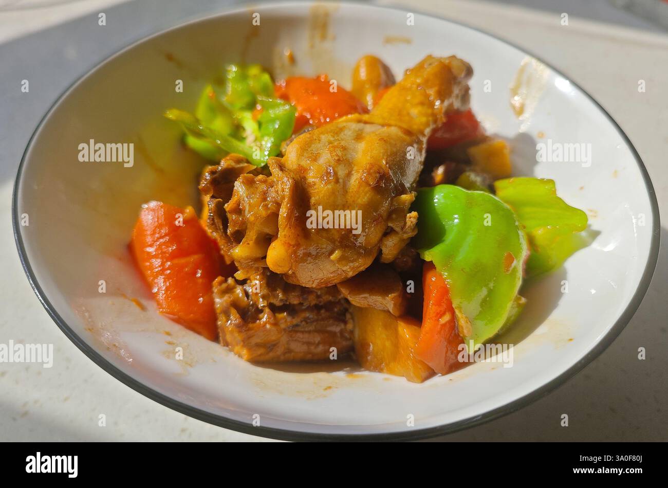 Seitenansicht des frisch geschmorten Hähnchens mit grüner Paprika und OrangenKarotten in der Schüssel Stockfoto