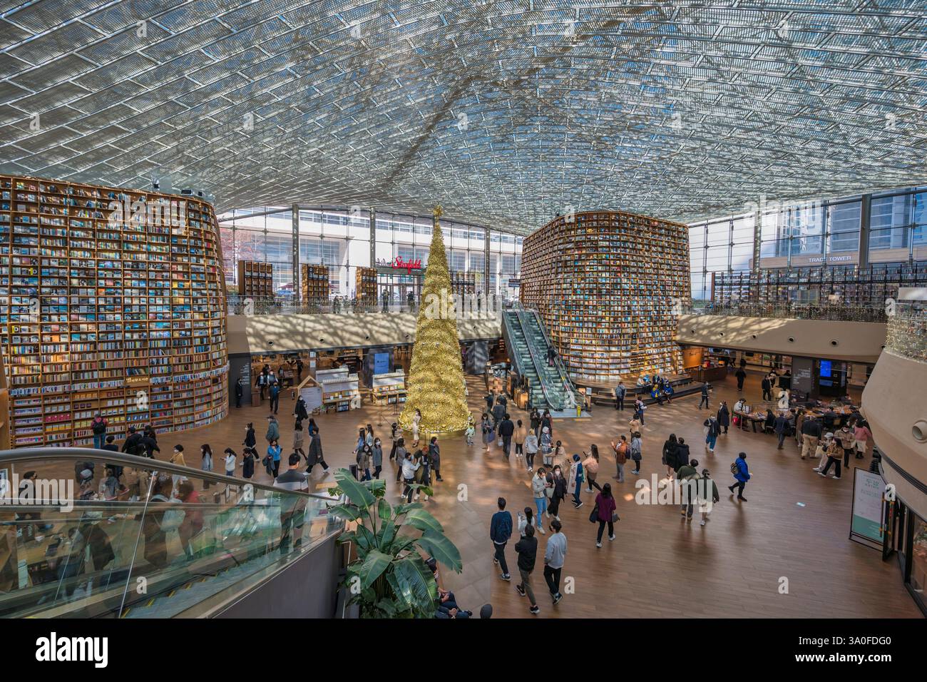 Seoul, Südkorea - 16. November 2022: Touristen gehen in der Starfield Library mit Weihnachtsbaum Stockfoto