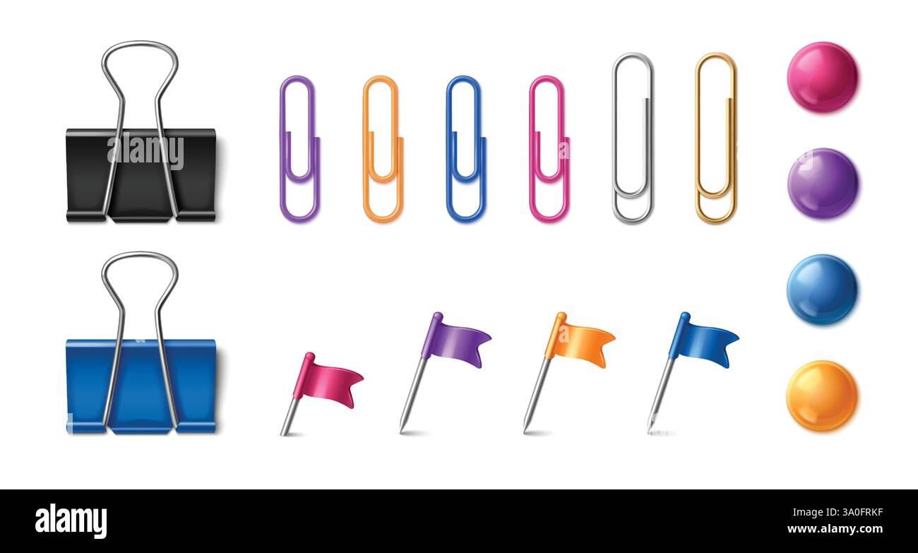 Büroklammer Set mit Binderverschlüssen, Klammern und Stecknadeln in verschiedenen Farben. Realistische 3D-Sammlung von Haltern, metallischen Gegenständen, Markierungen und runden Magneten für Büro- und Bildungseinrichtungen. Stock Vektor