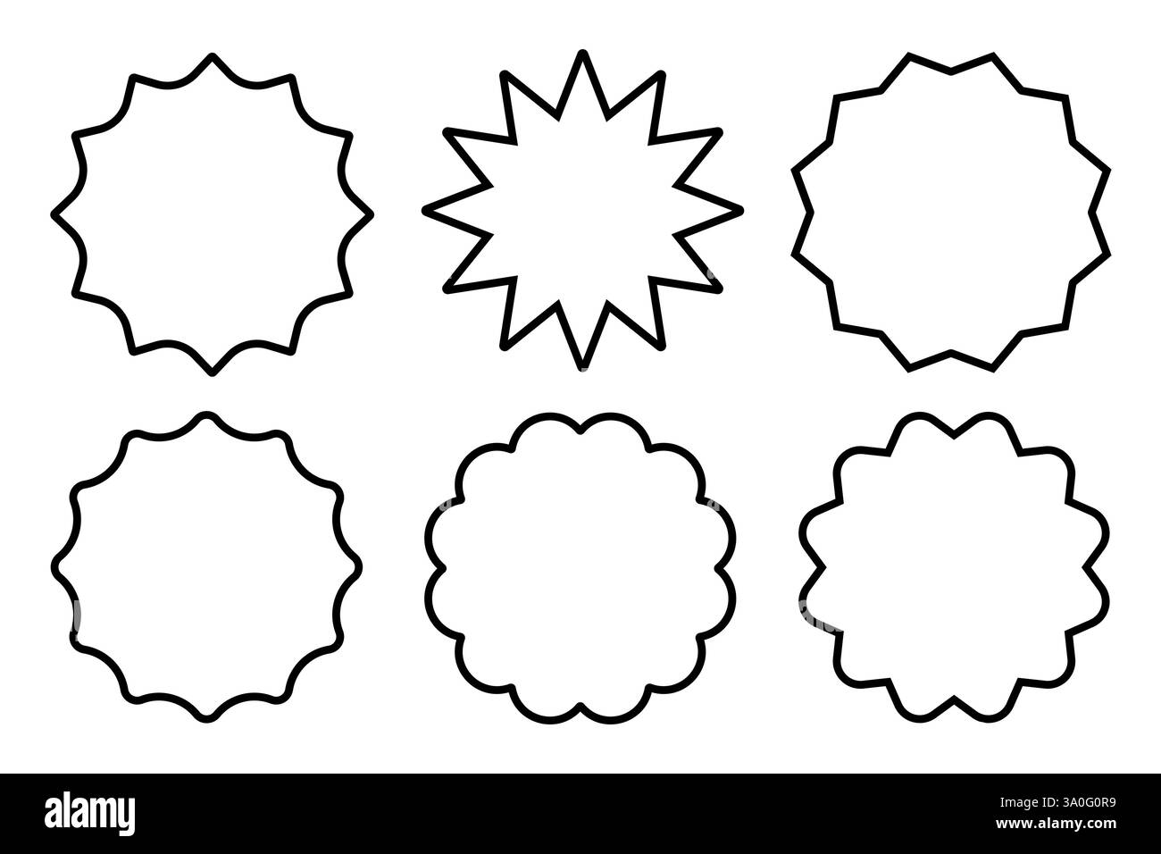 Set aus sechs schwarzen Umrissschildformen, isoliert auf weißem Hintergrund. Starburst-Aufkleber. Geometrische dekorative Rahmen Stock Vektor
