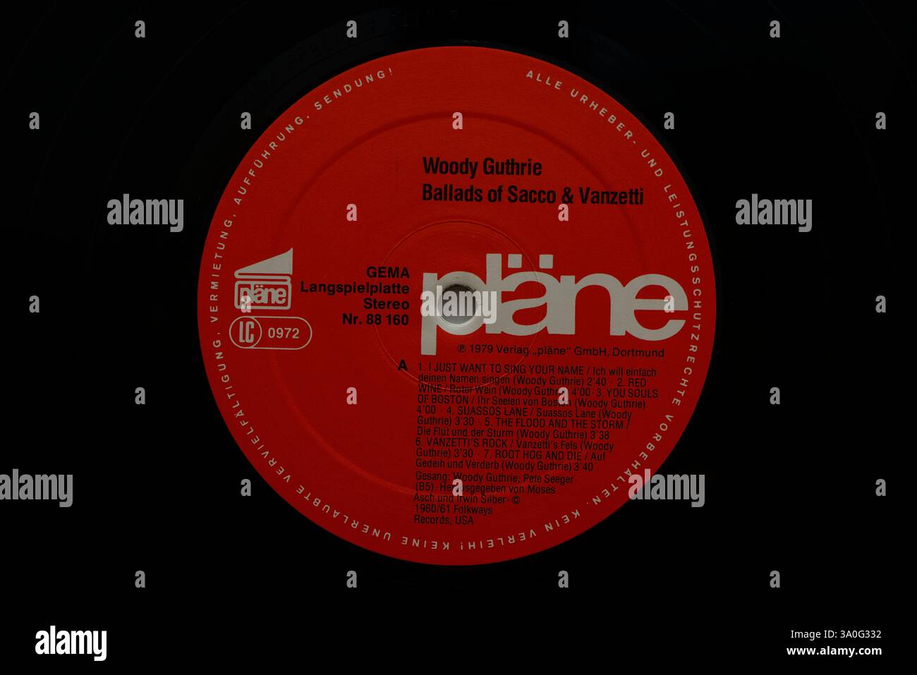 Vintage Record Label, Woody Guthrie, Pläne Records, Pläne hatten ihre Blütezeit in den politischen 1970er und 1980er Jahren Stockfoto