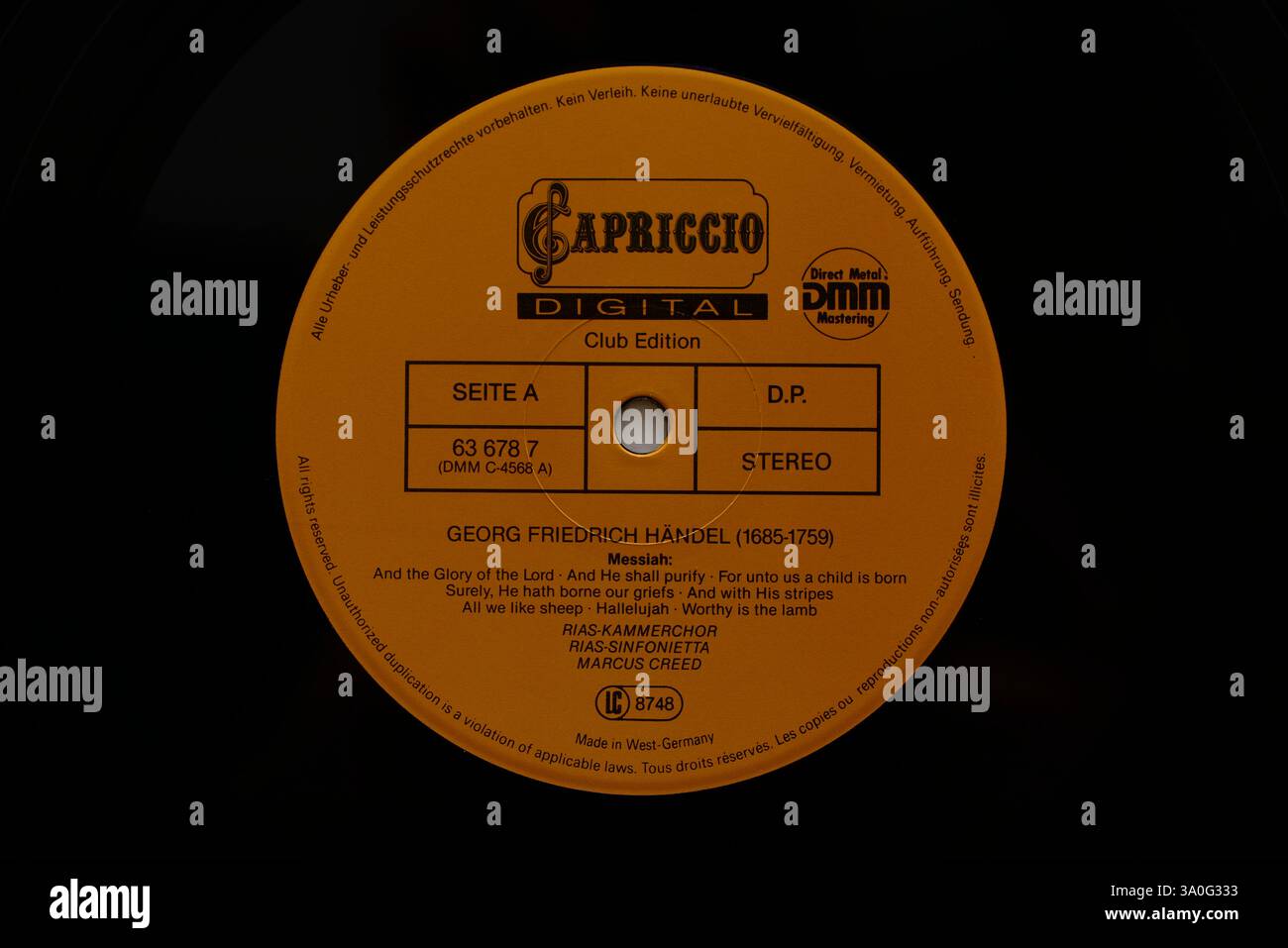 Vintage Label, Georg Friedrich Händel, Capriccio (Plattenlabel), Plattenlabel für klassische Musik, gegründet in den 1980er Jahren Stockfoto