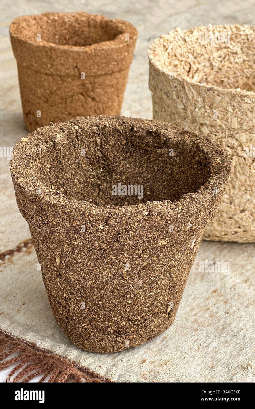 Nahaufnahme von umweltfreundlichen Pflanztöpfen, die aus erneuerbaren Materialien wie Kokosnuss-Kokos, Mate, Kaffeesatz oder recyceltem Holz hergestellt werden. Und Papier Stockfoto