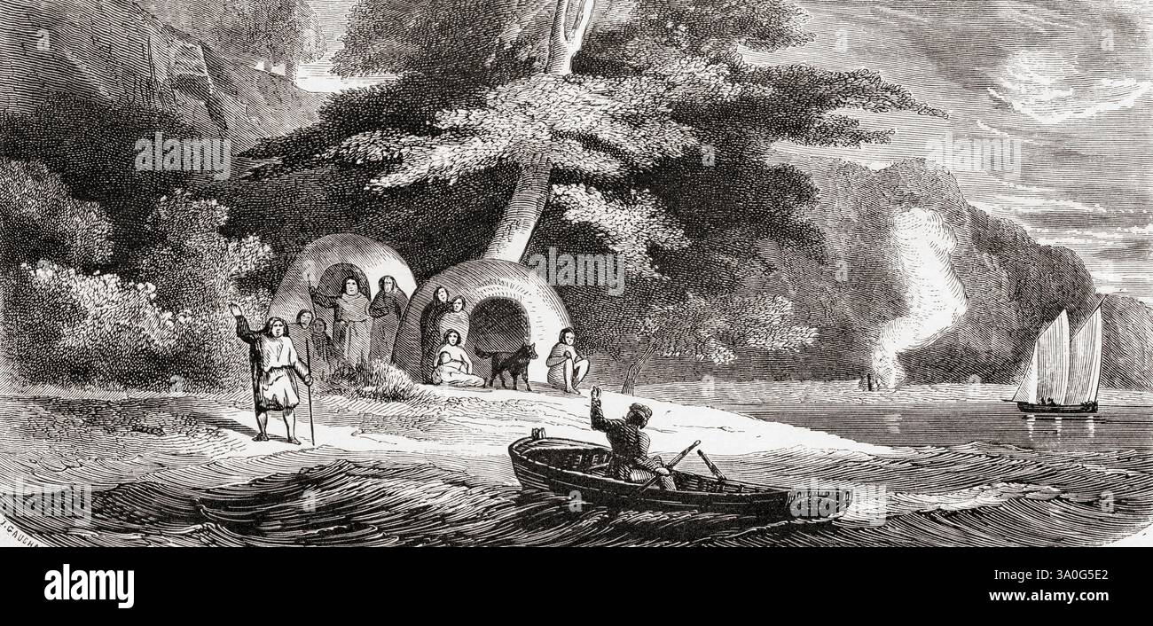 Fischerhütten auf der Isla Esperanza, südlicher Region Chiles, nördlich der Magellan-Straße, 19. Jahrhundert. Von Journal d'un voyage au Détroit de Magellan et dans les canaux latéraux de la Côte occidentale de la Patagonie oder Tagebuch einer Reise zur Magellan-Straße und den Seitenkanälen der Westküste Patagoniens, 1856–1859, von M. V. de Rochas. In Le Tour du Monde, veröffentlicht 1861 Stockfoto