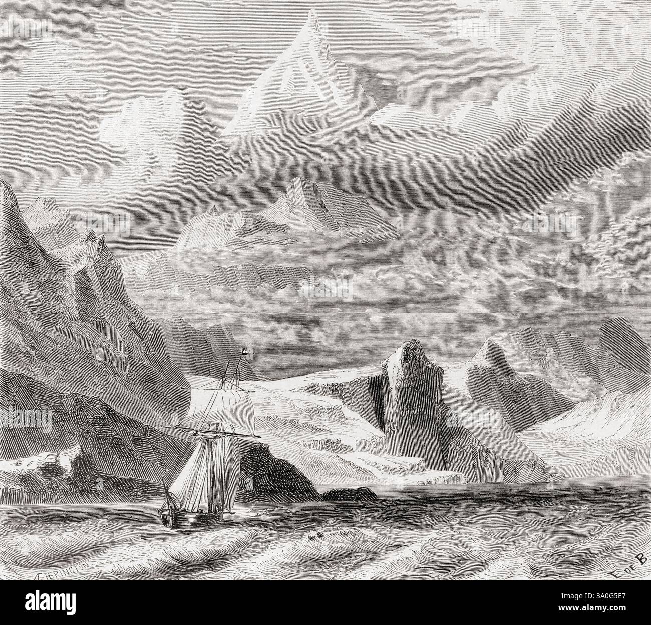 Tierra del Fuego Archipel, Chile, Magellanstraße. Monte Sarmiento von Kap Froward aus gesehen. Von Journal d'un voyage au Détroit de Magellan et dans les canaux latéraux de la Côte occidentale de la Patagonie oder Tagebuch einer Reise zur Magellan-Straße und den Seitenkanälen der Westküste Patagoniens, 1856–1859, von M. V. de Rochas. In Le Tour du Monde, veröffentlicht 1861 Stockfoto
