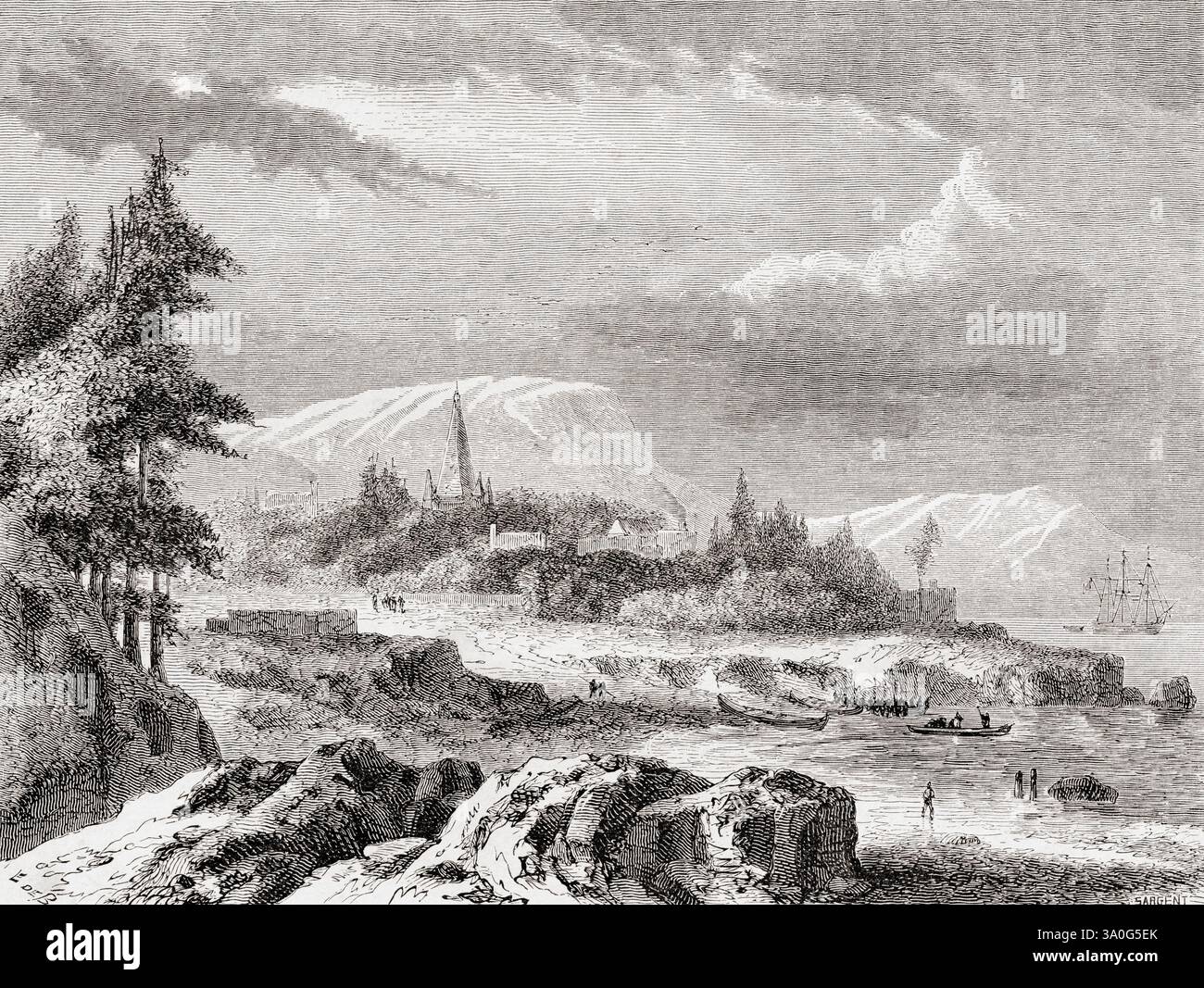 Punta Arenas alias Sandy Point, Chiles südlichste Region, Magallanes und Antarktis Chilena, 19. Jahrhundert. Von Journal d'un voyage au Détroit de Magellan et dans les canaux latéraux de la Côte occidentale de la Patagonie oder Tagebuch einer Reise zur Magellan-Straße und den Seitenkanälen der Westküste Patagoniens, 1856–1859, von M. V. de Rochas. In Le Tour du Monde, veröffentlicht 1861 Stockfoto