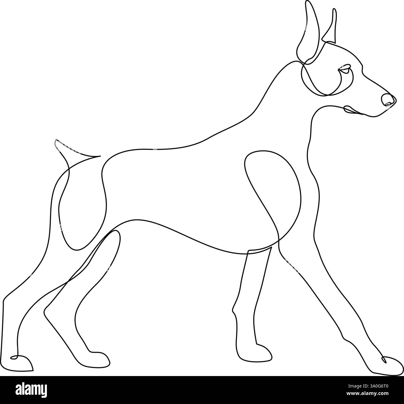 Durchgehende einzeilige Zeichnung des Doberman-Hundes, Seitenansicht. Doberman Pinscher handgezeichnetes einzeiliges Design. Minimalistisches Vektor-Illustrat im Kunststil Stock Vektor