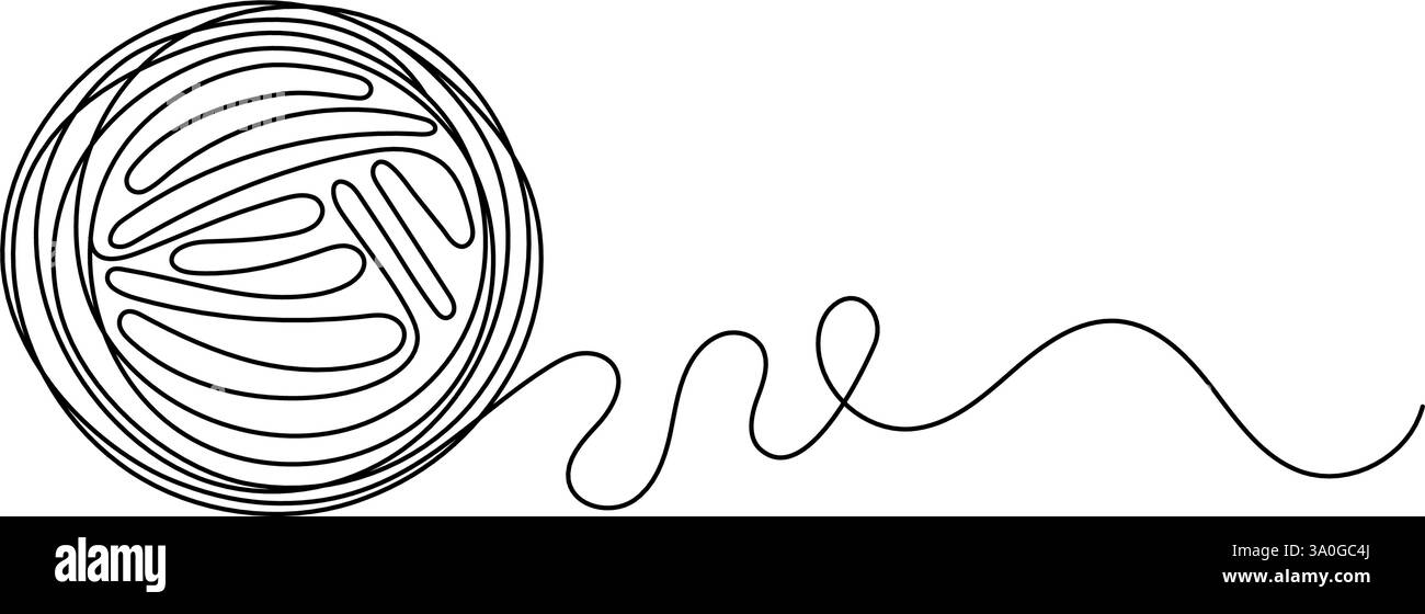 Garnknäuel mit durchgehendem Linienzeichen. Merino für Stricknadeln, Baumwolle zum Häkeln. Bastelhobbyarbeit. Runder Knäuel aus Strickfaden isoliert auf weißem Rücken Stock Vektor