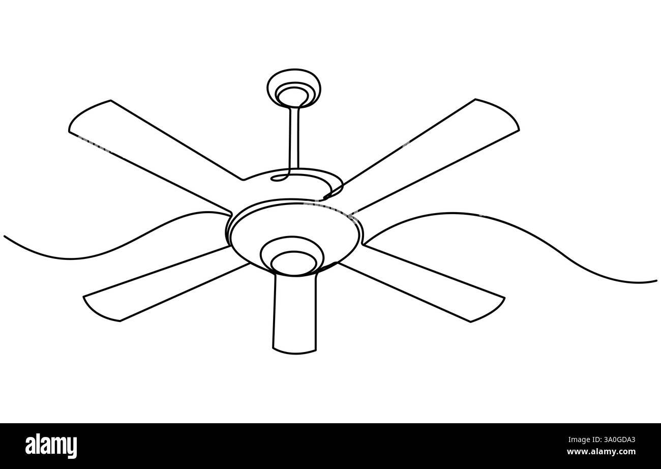 Einzeilige Zeichnung Elektrischer Deckenventilator. Elektrizität Haushaltsgerätekonzept, durchgehende Deckenventilatoren Art. Deckenventilatorkonzept mit einer Linie Stock Vektor