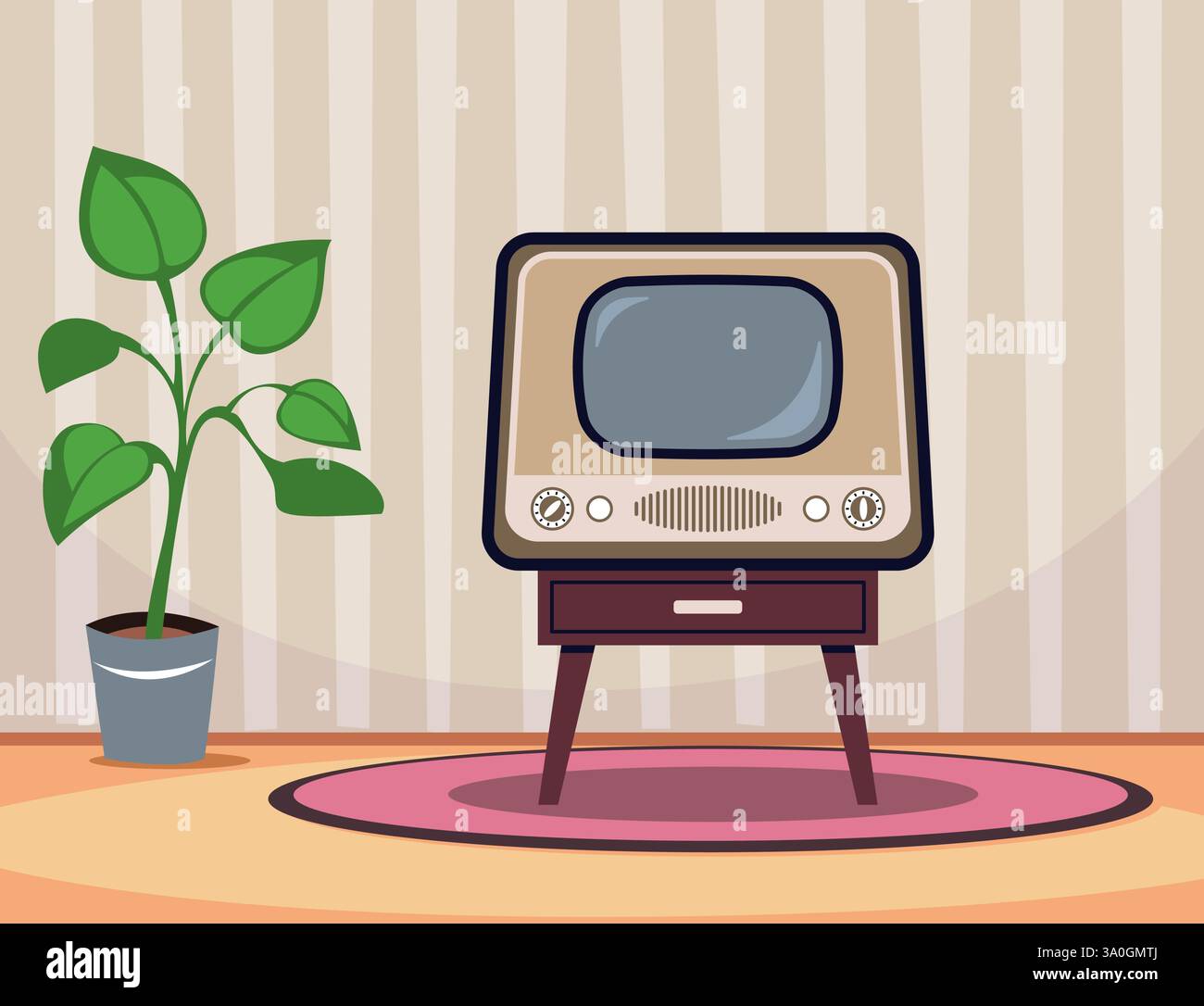 Innenraum des Zimmers mit altem Fernseher. Retro-Zimmer Haus, alte Medientechnik, Teppich und Pflanze. Leerer Bildschirm. Vintage-fernseher. Nostalgie Home. Cartoon Flat Stock Vektor