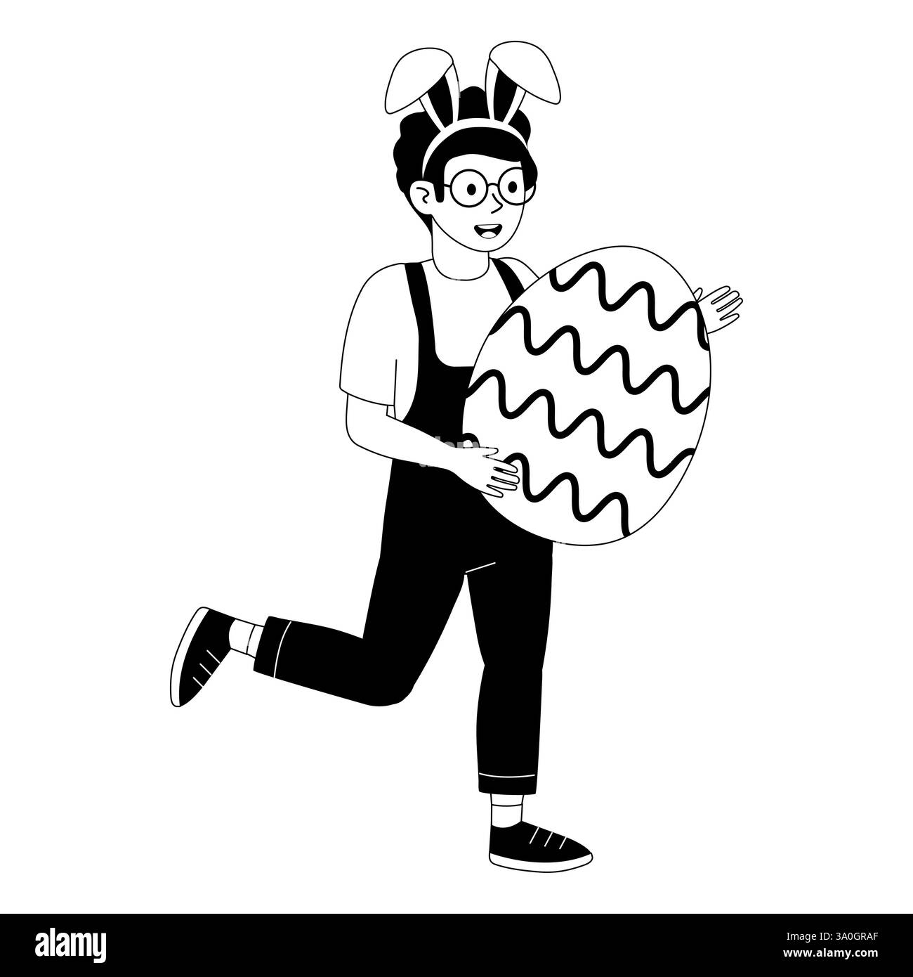 Kind mit Hasenohren, das im Frühling fröhlich ein dekoriertes Osterei im Freien trägt Stock Vektor