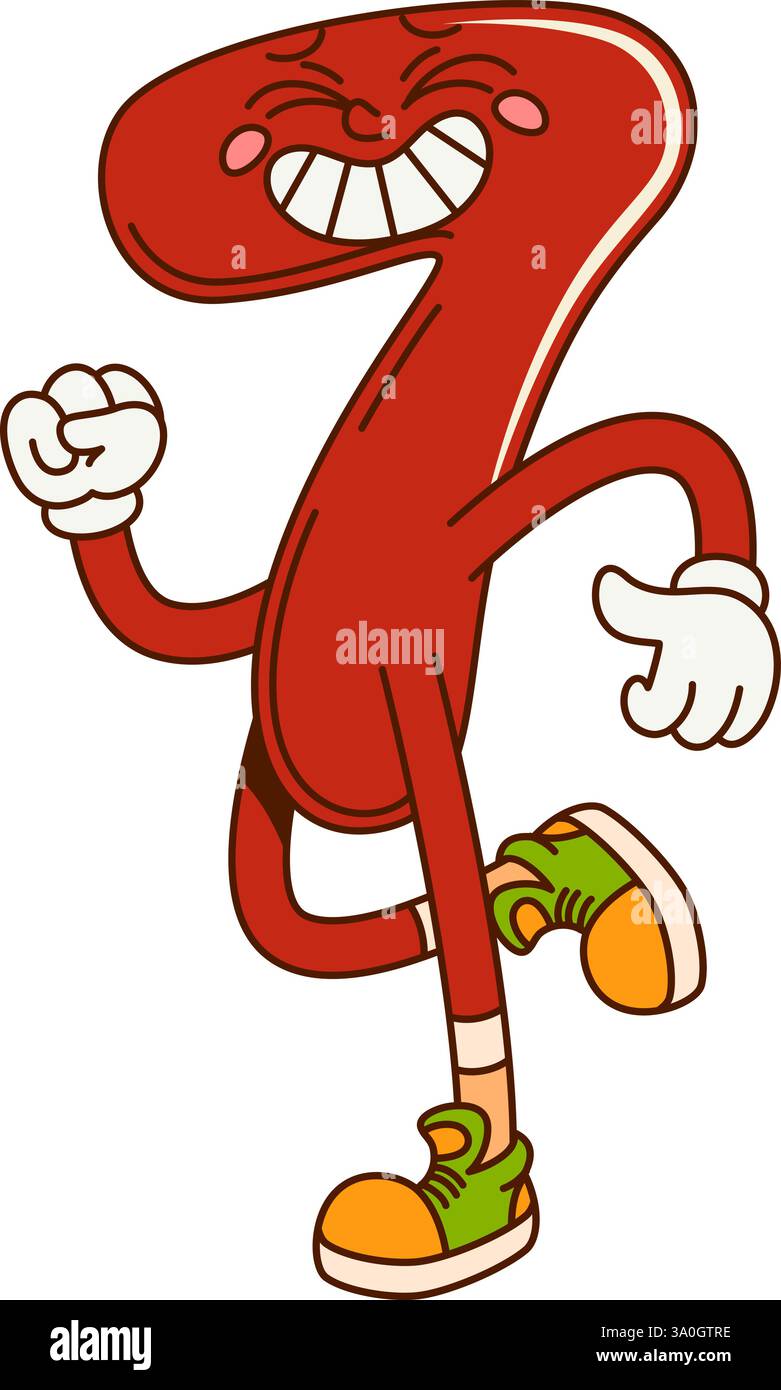 Groovige Mathe Nummer 7. Schulmathematik-Nummer komisches, lustiges Maskottchen. Kinder Bildung numerische Symbol Zeichentrick isolierter Vektor netter Charakter oder m Stock Vektor