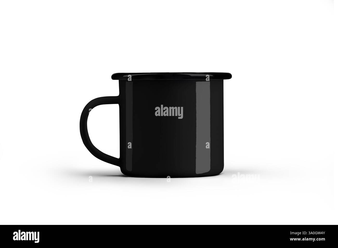 Modell eines schwarzen Emaillebechers mit schwarzem Rand, isoliert auf einem Hintergrund. Vorlage für eine touristische Tasse für ein Heißgetränk, Tee, Kaffee. Bügeleisenbecher für Design, Stockfoto