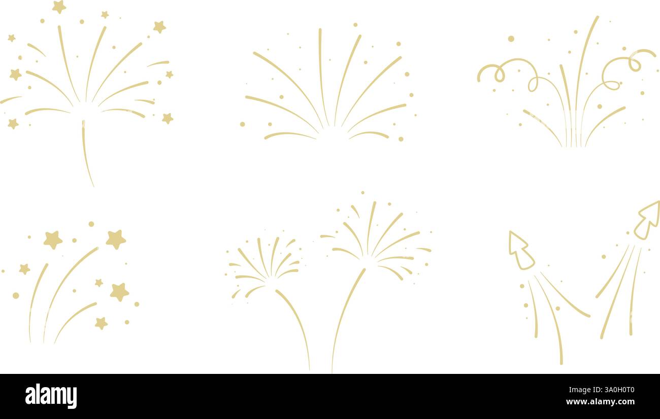 Wunderschönes Feuerwerk, Salute und Feuerwerkskörper. Festliche Explosionen mit Glitzern und Sternen, Illustration im Sketch-Stil. Dekoration für Neujahr Stock Vektor