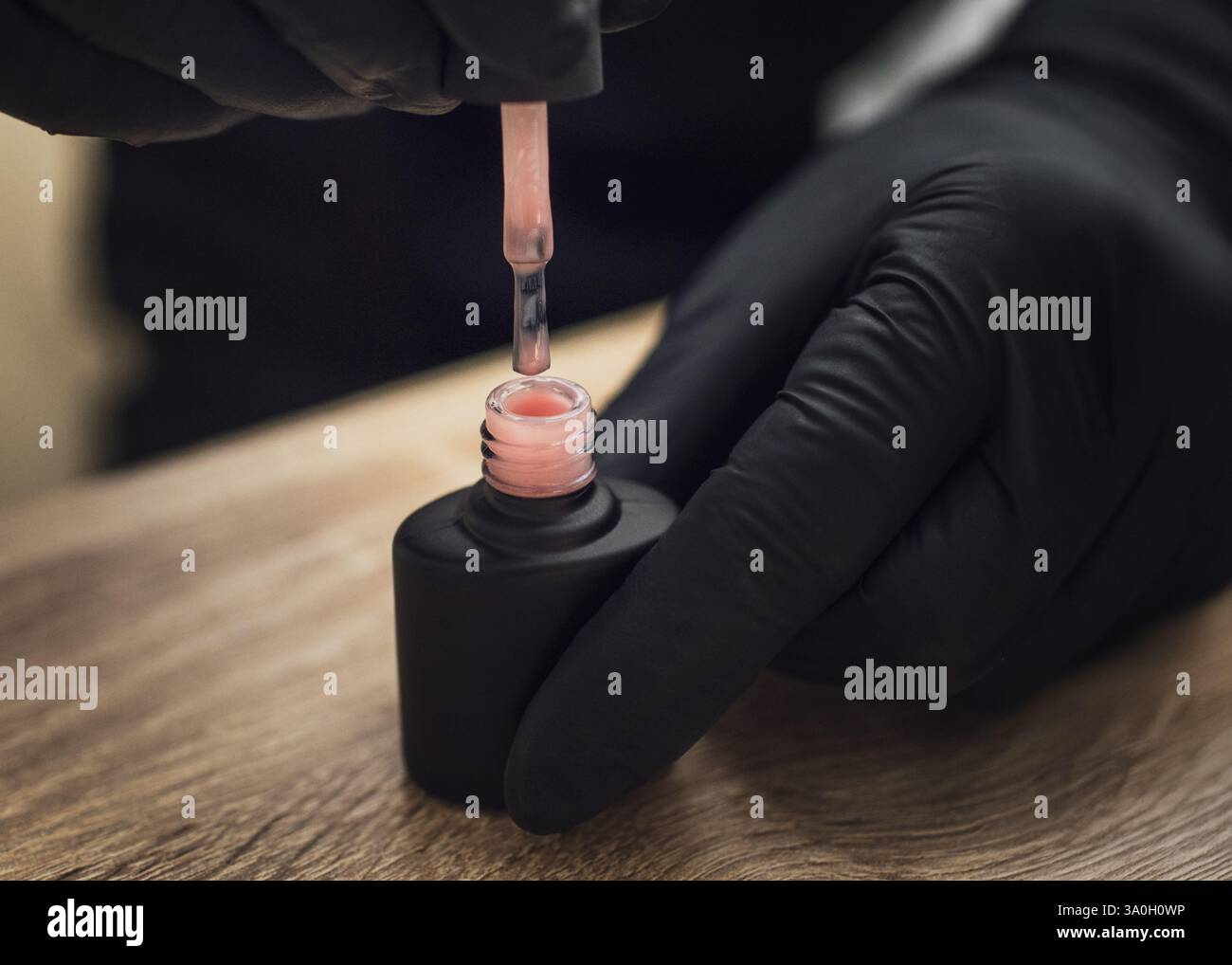 Der Nageltechniker mit schwarzen Handschuhen hält eine Kappe mit einer Bürste aus einer schwarzen Flasche rosa nagellack. Stockfoto