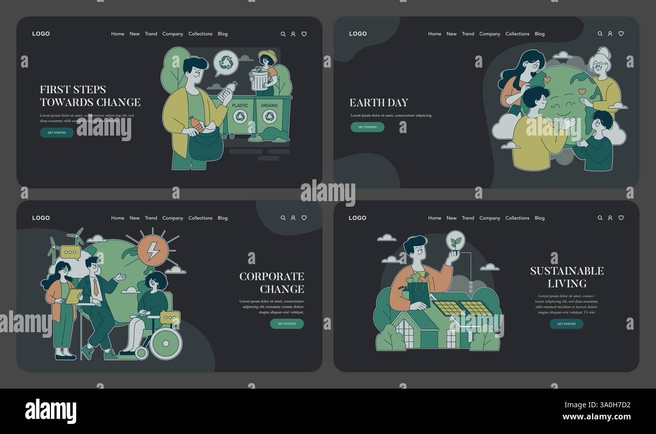 Illustration zum Tag der Erde, in der sich Menschen aktiv um die Umwelt kümmern. Die Bilder betonen Recycling, Nachhaltigkeit und Engagement der Gemeinschaft für ökologische Initiativen. Vektorabbildung. Stock Vektor