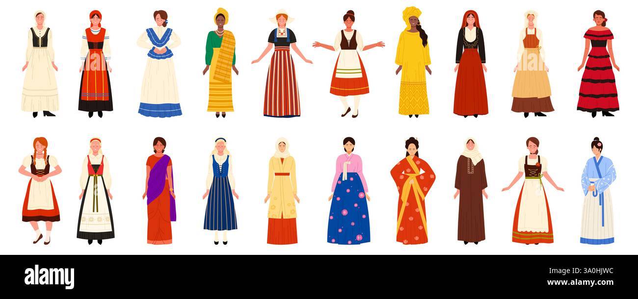 Volksfrau in ethnischen traditionellen anderen Kleidern. Mädchen tragen historische Kostüme aus Norwegen und Finnland, der Schweiz und Bayern von Deutschland, Saudi-Arabien und Südkorea Karikaturvektorillustration Stock Vektor