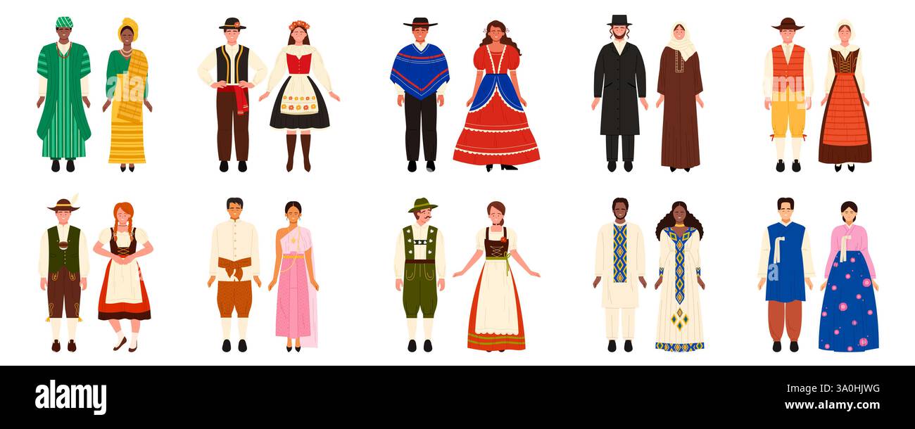Menschen in traditionellen Trachten aus verschiedenen Ländern spielen. Mann und Frau in ethnischer Volkskleidung aus Nigeria, Rumänien, Mexiko, Deutschland, Thailand, Österreich, Äthiopien, Südkorea Karikaturvektor Illustration Stock Vektor