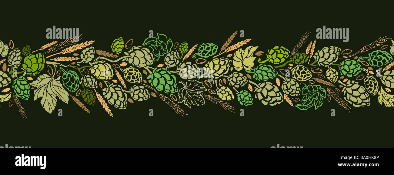 Hopfen und Malzmuster. Kräutergrüner Zweig zum Bierbrauen. Lageralkohol Getränk Brauerei, Lebensmittelzutat. Vintage endlose Borte, Dekoration und Ornamentik Stock Vektor